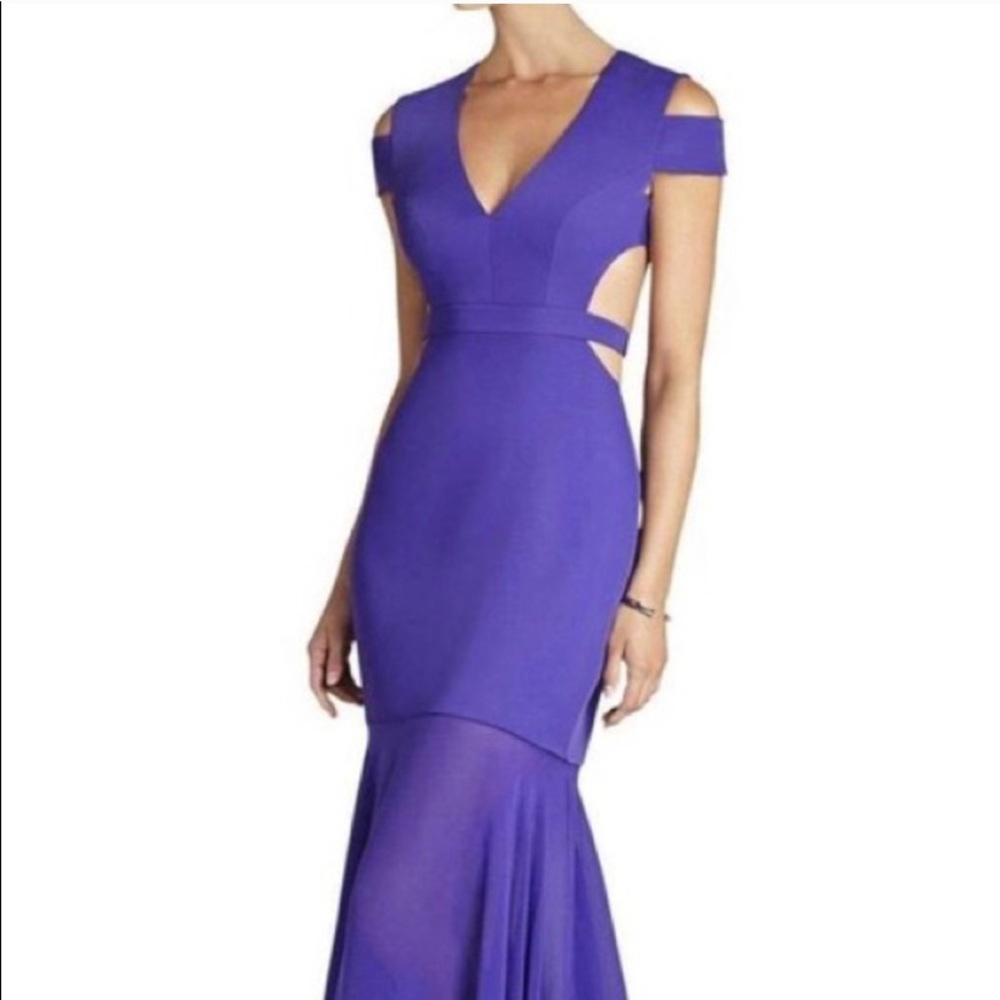 BCBG geometric royal purple fishtail gown